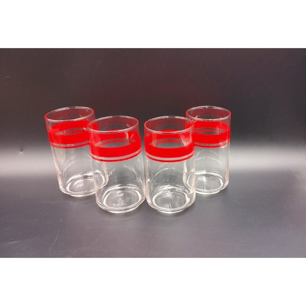 VTG Red Double Stripe Glasses Heritage House 12 oz Drinking Tumbler Set of 4 USA